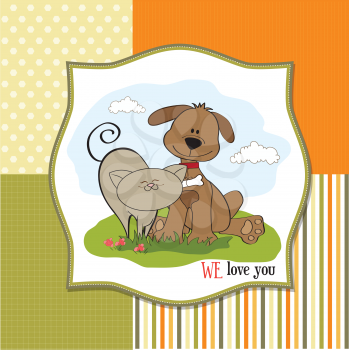 Royalty Free Clipart Image of a Dog and Cat on a We Love You Message