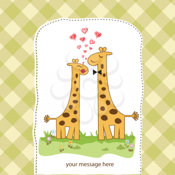 Royalty Free Clipart Image of a Card With Two Giraffes and Space for Text