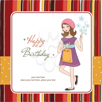 Royalty Free Clipart Image of a Happy Birthday Background With a Girl Holding Flowers