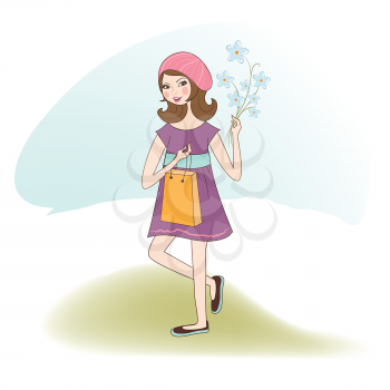 Royalty Free Clipart Image of a Girl Holding Flowers