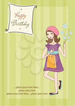 Royalty Free Clipart Image of a Birthday Card With a Girl Holding Flowers