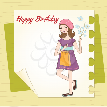 Royalty Free Clipart Image of a Birthday Card With a Girl Holding Flower on It