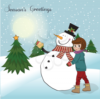 Royalty Free Clipart Image of a Girl With a Snowman on a Greeting Card