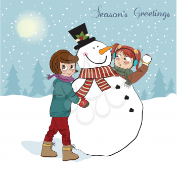 Royalty Free Clipart Image of Two Girls Building a Snowman