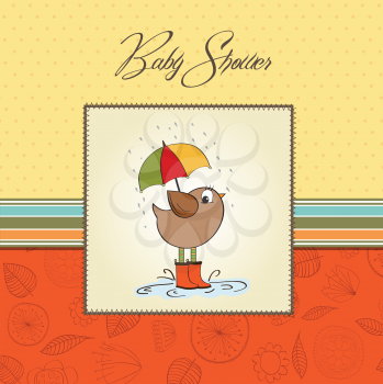 Royalty Free Clipart Image of a Baby Shower Card With a Bird Holding an Umbrella