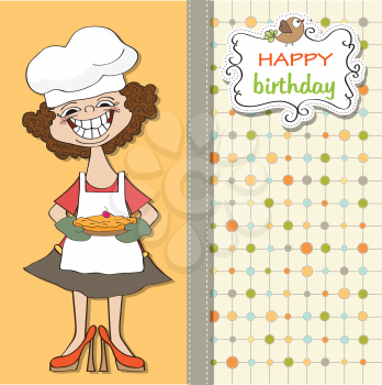birthday greeting card with funny woman and pie