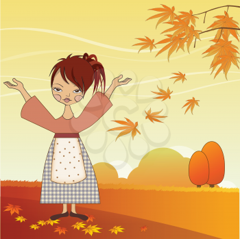 young girl with autumn leaves, vector illustration