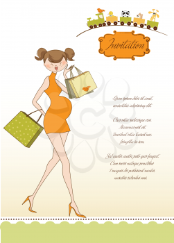 baby announcement card with beautiful pregnant woman on shopping