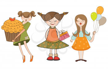 set of three young girls with gifts isolated on white background