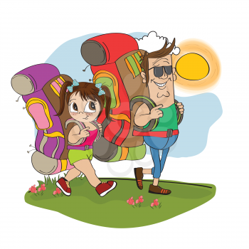father and daughter tourist traveling with backpacks