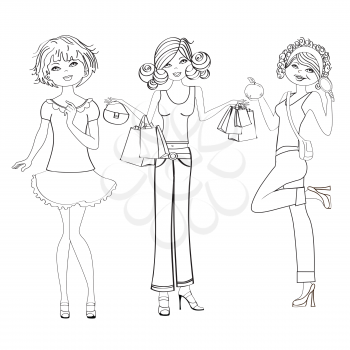 three cute fashion girls, black and white vector illustration isolated on white background