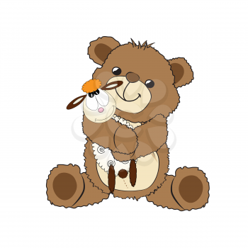 teddy bear playing with his toy, a little sheep, vector illustration