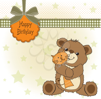 birthaday greeting card with teddy bear and his toy, vector illustration