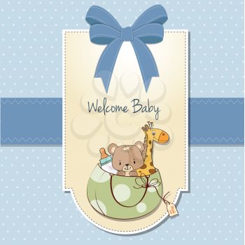 new baby announcement card with bag and same toys, illustration in vector format
