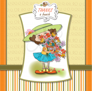 funny girl with a bunch of flowers, vector illustration