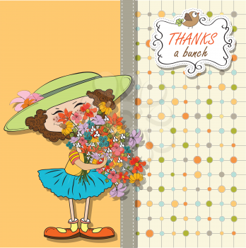 funny girl with a bunch of flowers, vector illustration