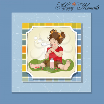 funny lovely little girl blowing soap bubbles, vector