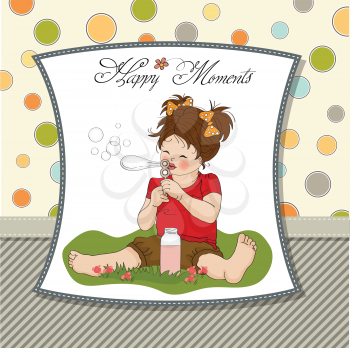 funny lovely little girl blowing soap bubbles, vector