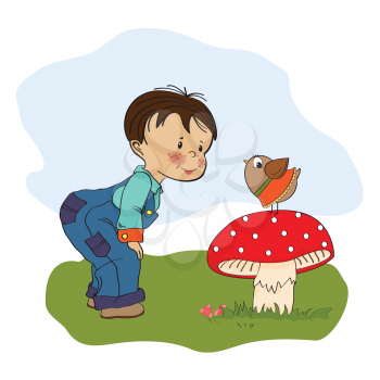 little  boy talk with funny bird, illustration in vector format
