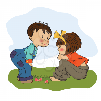 little boy playing with a little girl, illustration in vector format