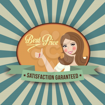 retro illustration with a  woman and best price message, vector format