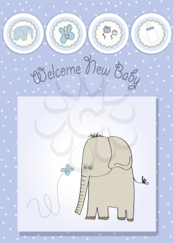 Royalty Free Clipart Image of an Elephant and a Butterfly on a Baby Shower Card