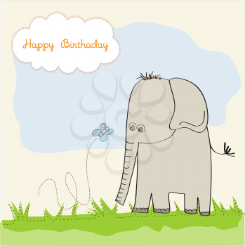 Royalty Free Clipart Image of a Birthday Card With an Elephant and Butterfly