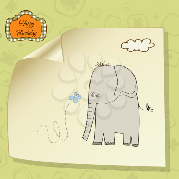 Royalty Free Clipart Image of a Happy Birthday Card With an Elephant and Butterfly