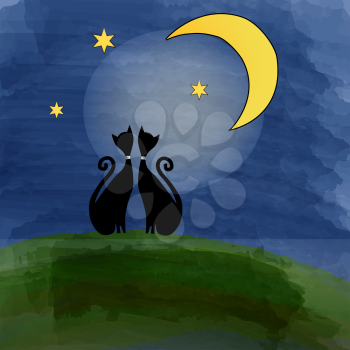 two cats on a meadow under the moon, illustration in vector format