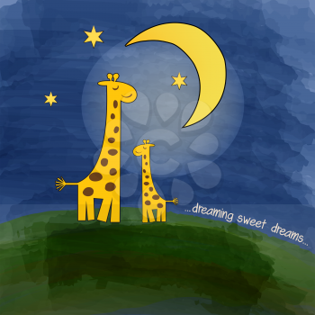 Mother-giraffe and baby-giraffe at night, vector illustration