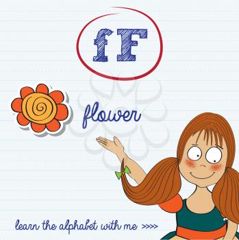 alphabet worksheet of the letter f, vector illustration
