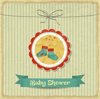 retro baby shower card with little socks, vector illustration