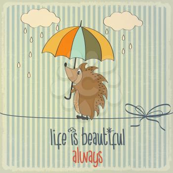 Retro illustration with happy hedgehog and phrase Life is beautiful, vector format
