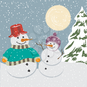 Vintage christmas poster with snowmen, vector illustration