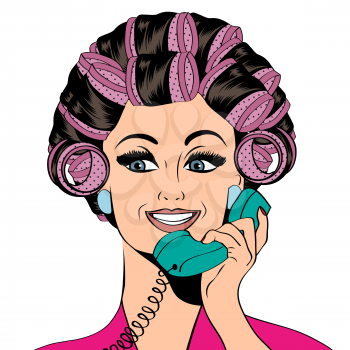 Woman with curlers in their hair talking at phone, isolated on white, vector format