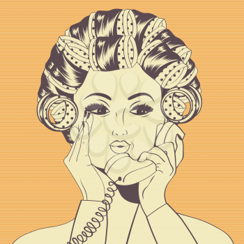 Woman with curlers in their hair talking at phone,  vector format