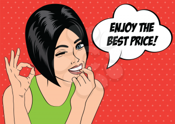 pop art cute retro woman in comics style with message  enjoy the best price , vector illustration