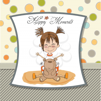 happy moments card with little girl and her teddy bear, eps10