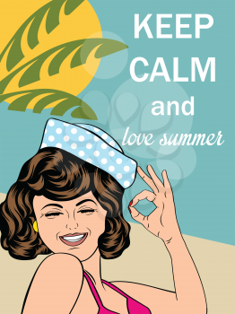 Retro style illustration with message Keep calm and love summer, vector format