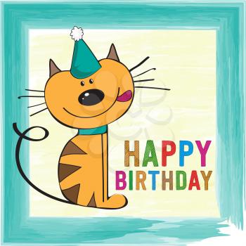childish birthday card with funny little cat, vector format