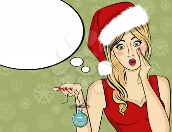 Pop art Santa girl. Pin up Santa girl. Santa Girl with speech bubble. Christmas card. Vector illustration