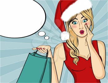 Pop art Santa girl. Pin up Santa girl. Santa Girl with shopping bag. Christmas card. Vector illustration