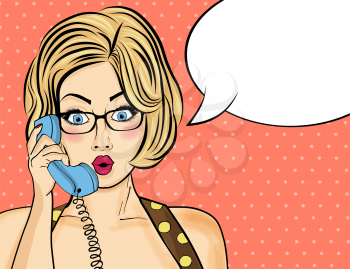 Surprised pop art  woman chatting on retro phone . Comic woman with speech bubble. Pin up girl. Vector illustration.