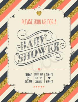 Beautiful retro baby shower card template with golden glittering details, vector format
