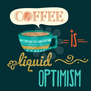 Retro background with coffee quote and golden glitterig details, vector format