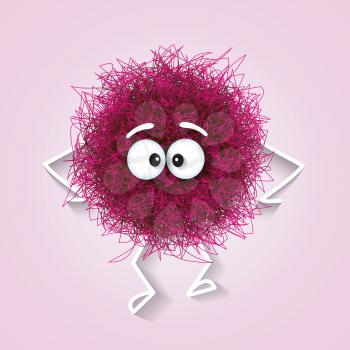 Fluffy cute pink spherical creature sad and depressed, vector illustration