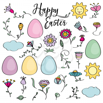 Hand drawn set of Easter design elements. Eggs, sun, cloud, flowers. Perfect for holiday decoration and spring greeting cards, Vector illustration , isolated on white