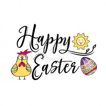 Happy Easter greeting text decorate with sun, Easter egg and chicken. Perfect for Easter greeting card . Vector illustration, isolated on white
