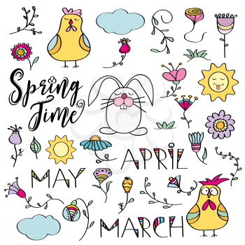 Hand drawn doodle set of spring elements. Flowers, bunny, chicken.  Vector illustration, isolated on white background