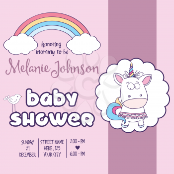 Beautiful baby shower card template with lovely unicorn baby girl , vector format